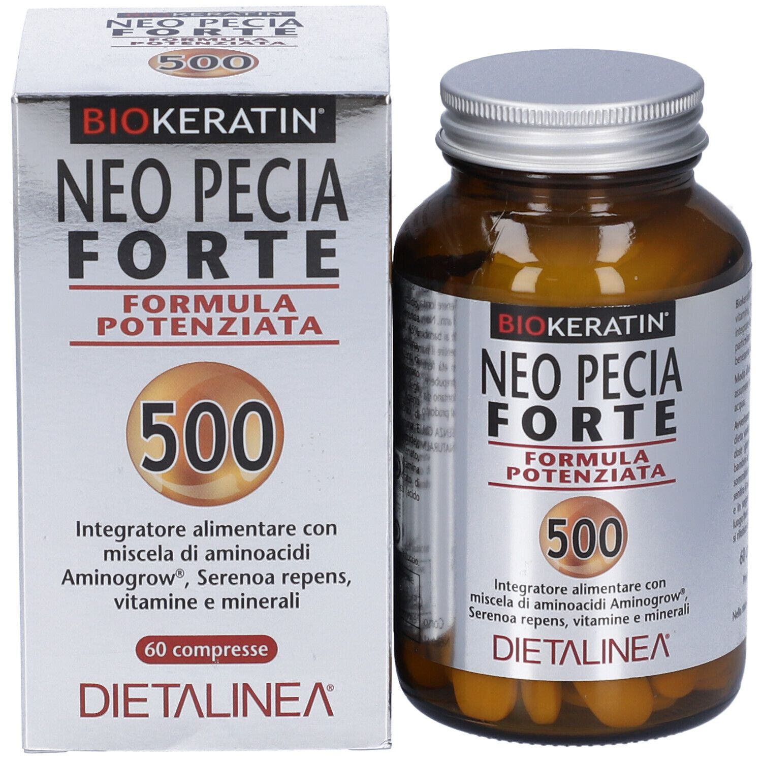Flacone di vetro marrone e scatola. Nome prodotto, 500 e marchio Dietalinea. 60 compresse.