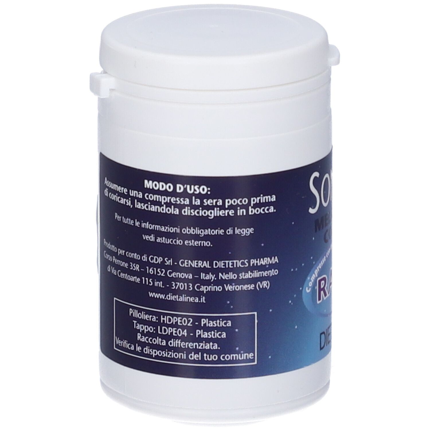 Barattolo bianco con testo. Scritta in italiano. Informazioni sull'uso e sugli ingredienti.