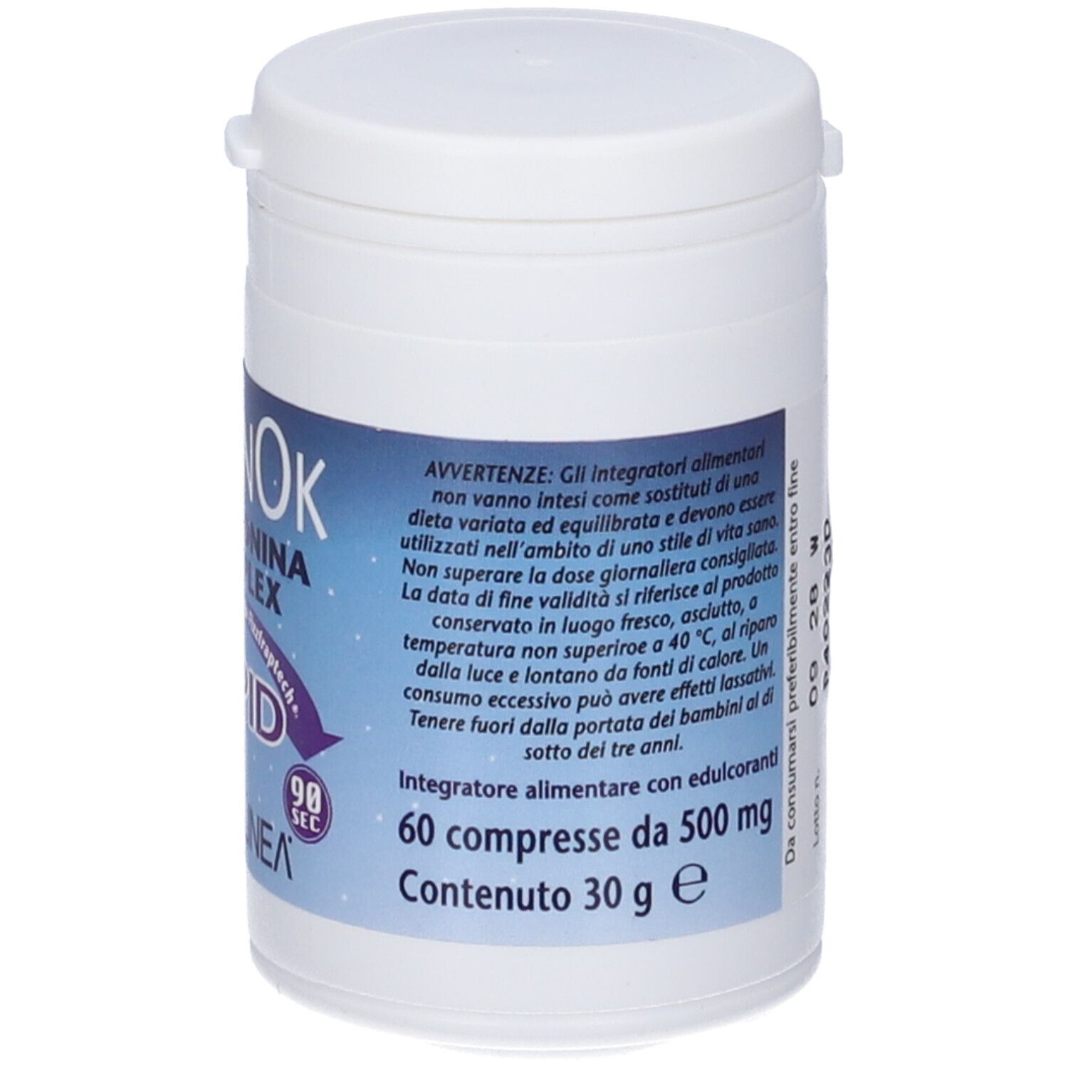 Barattolo bianco con testo. Scritta in italiano. Informazioni sull'uso e sugli ingredienti.