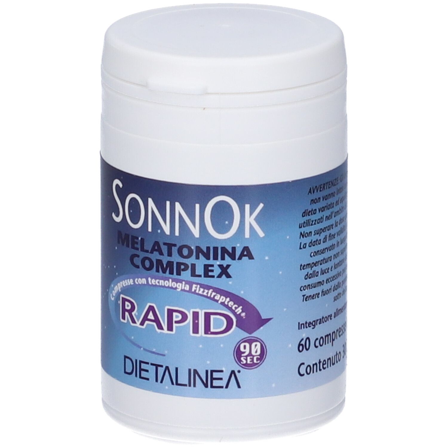 Barattolo bianco SONNOK MELATONINA COMPLEX RAPID. Scritte blu e bianche. 60 compresse.