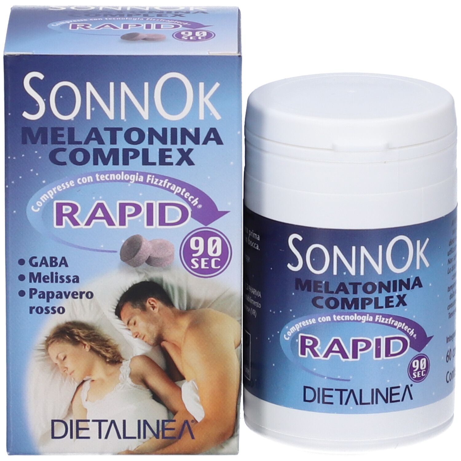 Confezione prodotto con barattolo e scatola. SONNOK MELATONINA COMPLEX RAPID. 60 compresse. Immagine di persone che dormono.