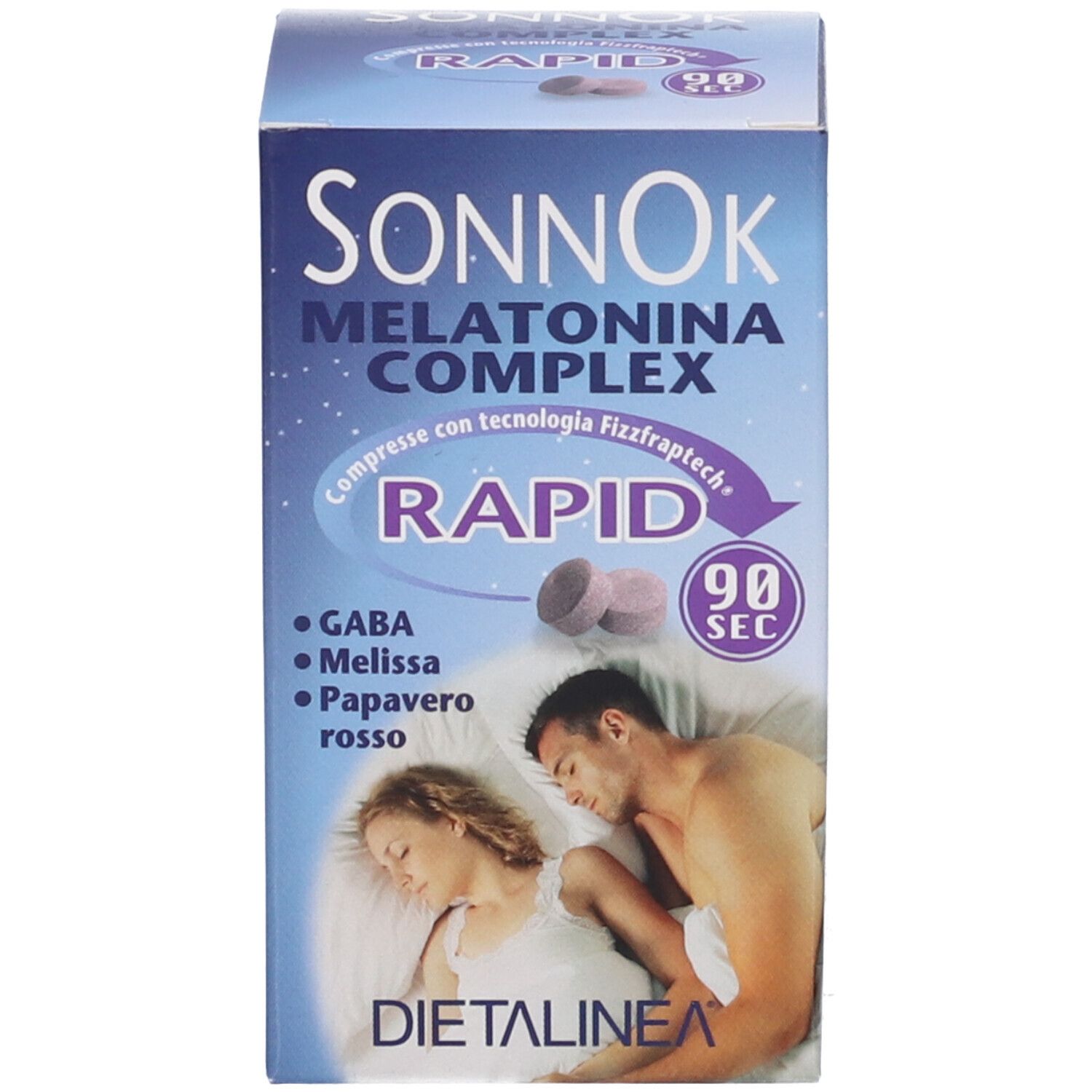 Confezione prodotto con scatola. SONNOK MELATONINA COMPLEX RAPID. 60 compresse. Immagine di persone che dormono.