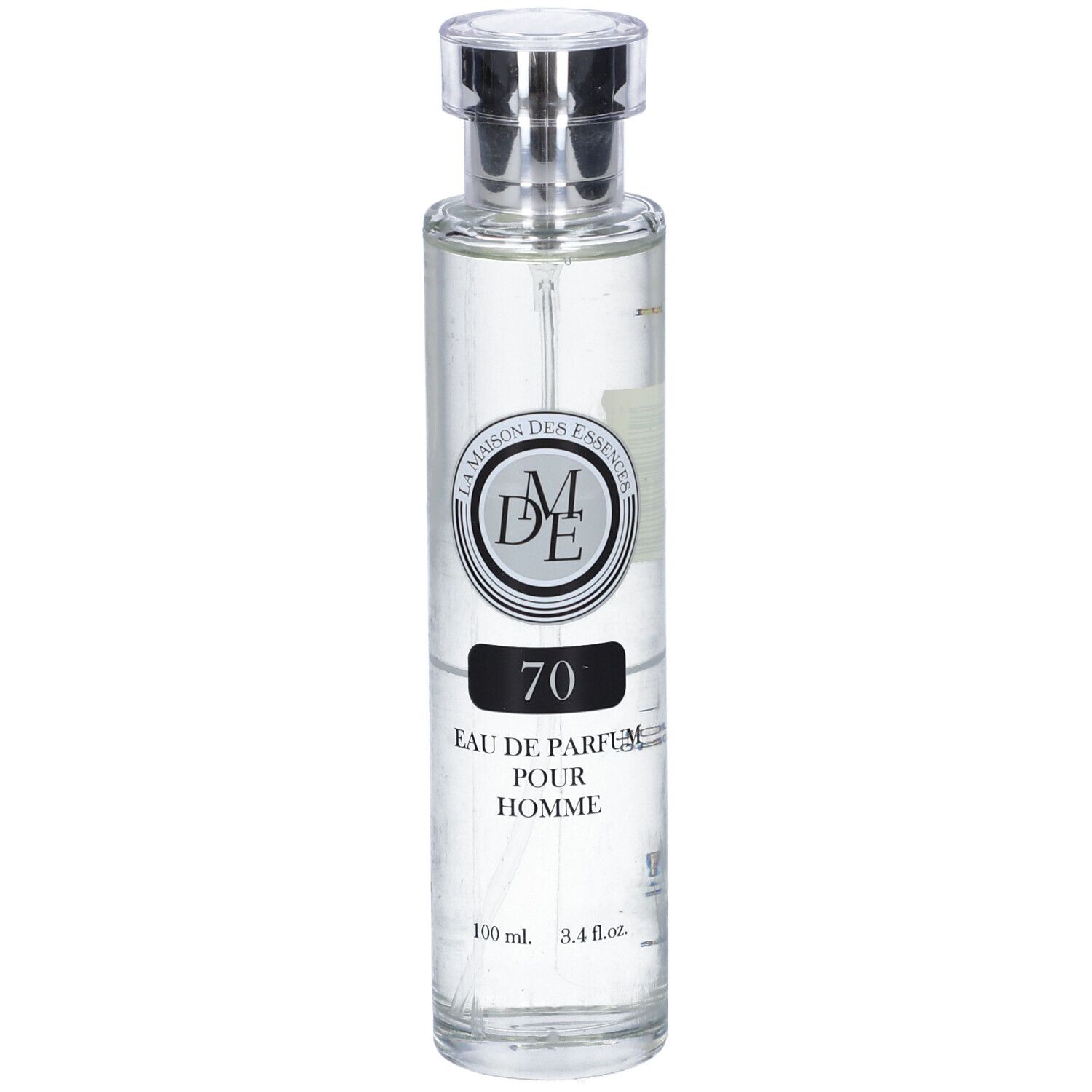 Flacone di profumo con tappo argentato. Scritta: 70 Eau de Parfum Pour Homme. Marchio: La Maison des Essences.