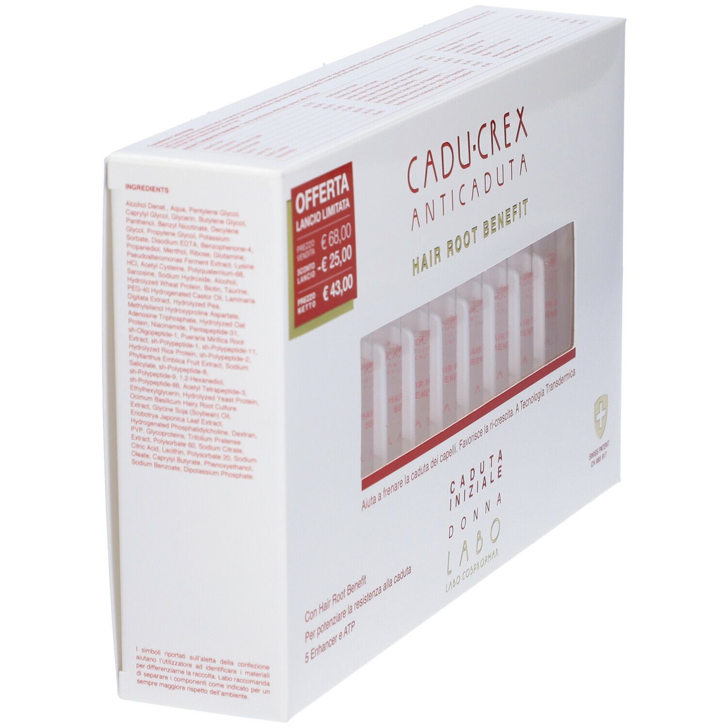 Scatola bianca con finestra trasparente contenente fiale. Scritta: Cadu-Crex Anti-caduta Hair Root Benefit. Elenco ingredienti.