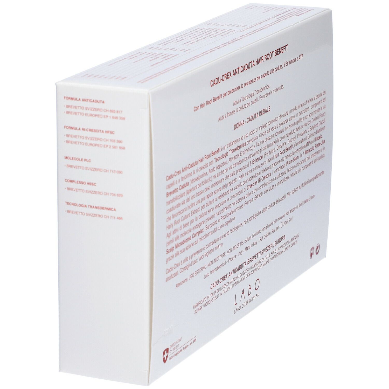 Scatola bianca con testo. Scritta: Cadu-Crex Anti-caduta Hair Root Benefit. Testo sugli ingredienti e il prodotto.