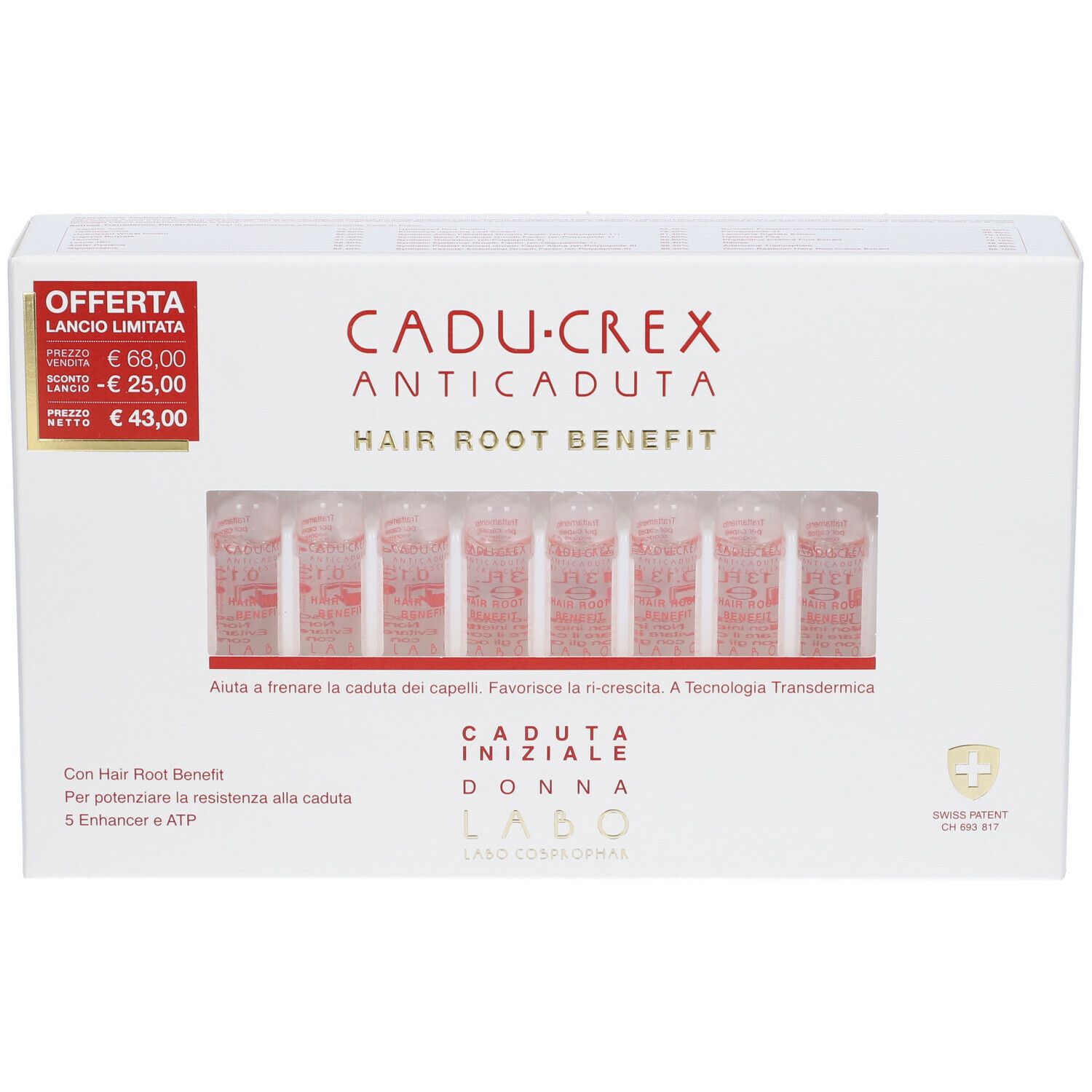 Scatola bianca con finestra trasparente contenente fiale. Scritta: Cadu-Crex Anti-caduta Hair Root Benefit. Prezzo in offerta.