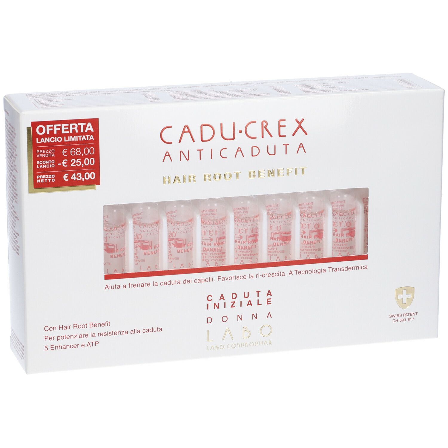 Scatola bianca con finestra trasparente contenente fiale. Scritta: Cadu-Crex Anti-caduta Hair Root Benefit. Prezzo in offerta.