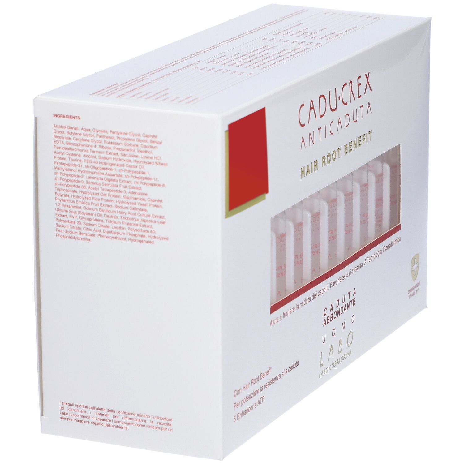 Confezione bianca con elenco ingredienti. Scritta: Cadu-Crex Anticaduta Hair Root Benefit, Caduta Abbondante Uomo. Finestra con fiale.
