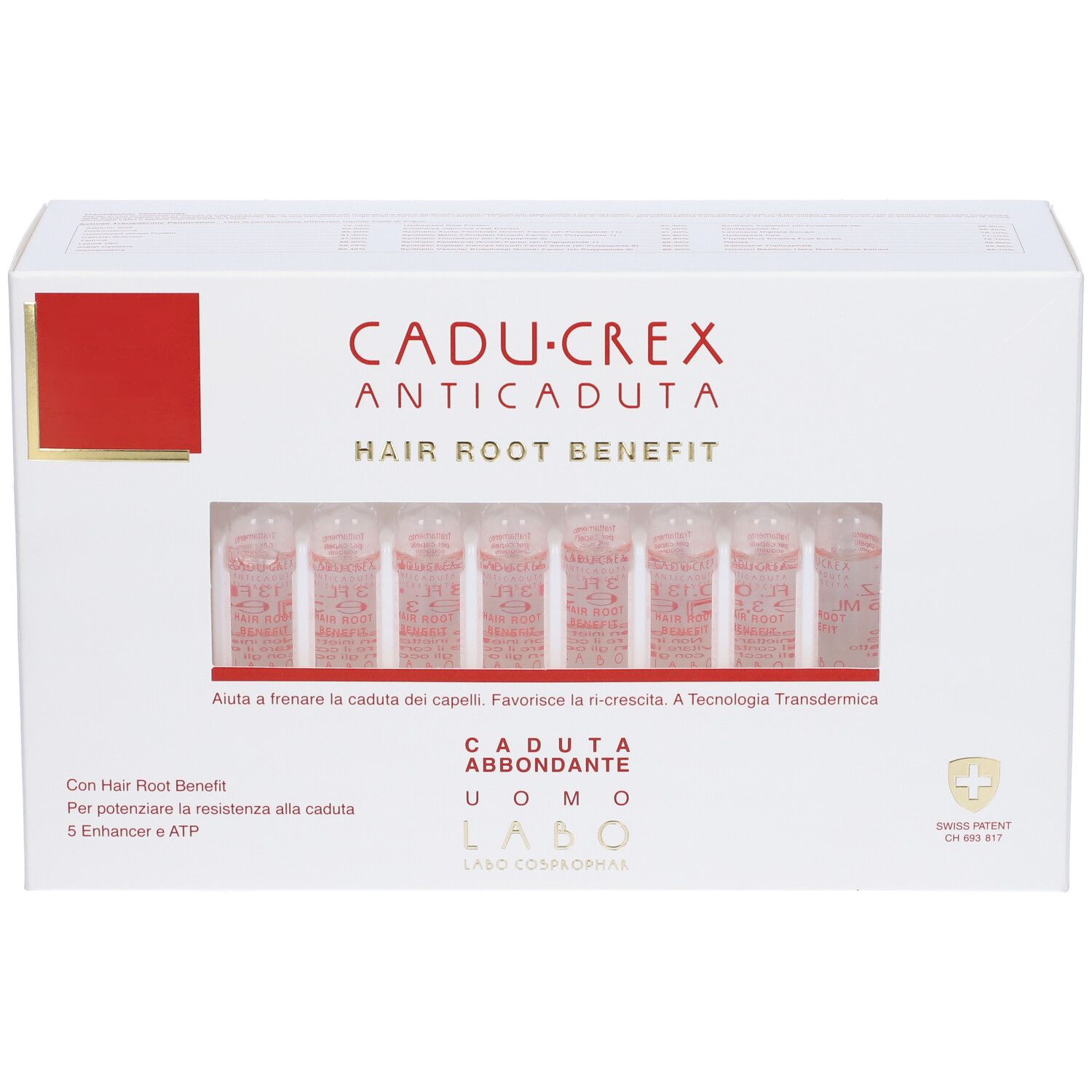 Confezione bianca con finestra. Contiene fiale. Scritta: Cadu-Crex Anticaduta Hair Root Benefit, Caduta Abbondante Uomo.