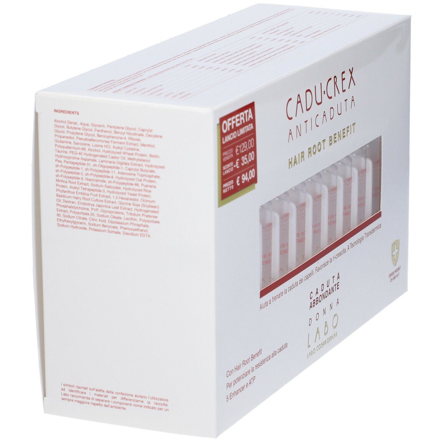 Confezione Cadu-Crex Anticauduta. Contiene fiale. Testo: Hair Root Benefit, Caduta Abbondante Donna. Ingredienti.