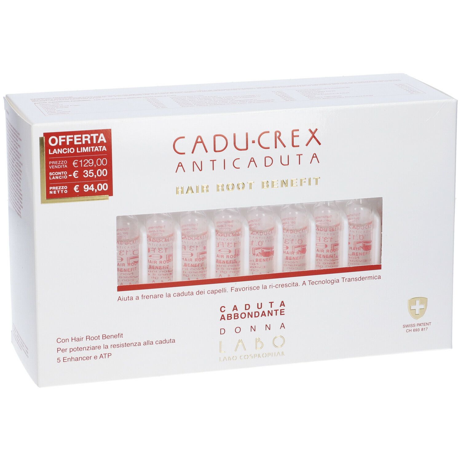 Confezione Cadu-Crex Anticauduta. Contiene fiale. Testo: Hair Root Benefit, Caduta Abbondante Donna.