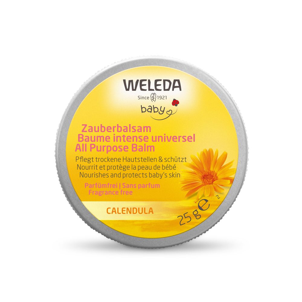 Barattolo rotondo con coperchio giallo. Scritta: WELEDA baby, Balsamo multiuso, Calendula. 25g. Illustrazione floreale.