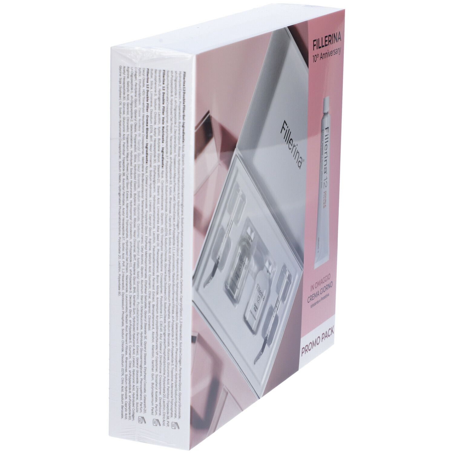 Vista laterale della confezione Fillerina. Testo sul lato. Confezione rosa e bianca. Scritta: Fillerina 10th Anniversary, Promo Pack.
