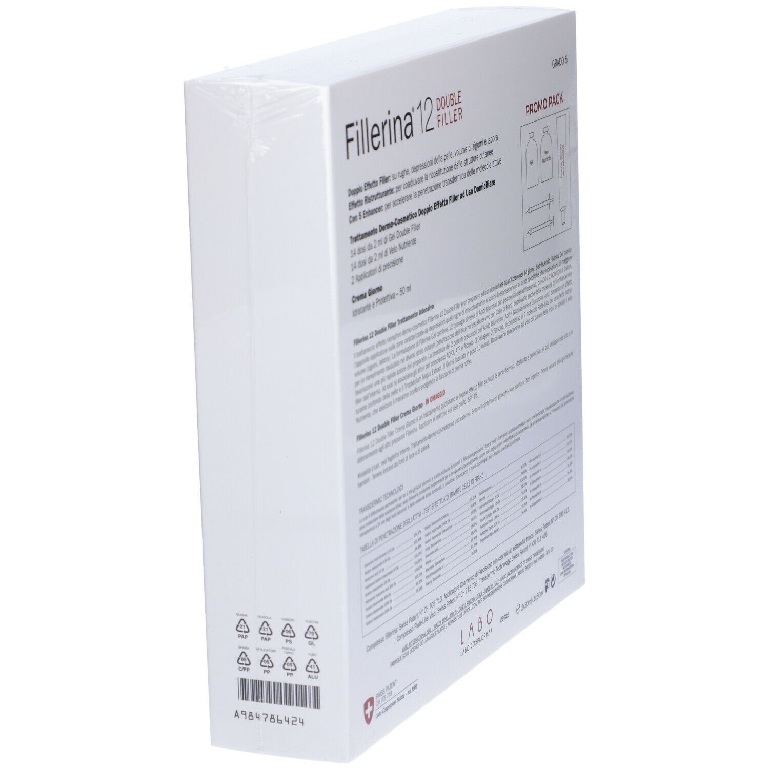 Retro della confezione Fillerina. Testo e loghi. Confezione bianca. Scritta: Fillerina 12 Double Filler, Promo Pack.