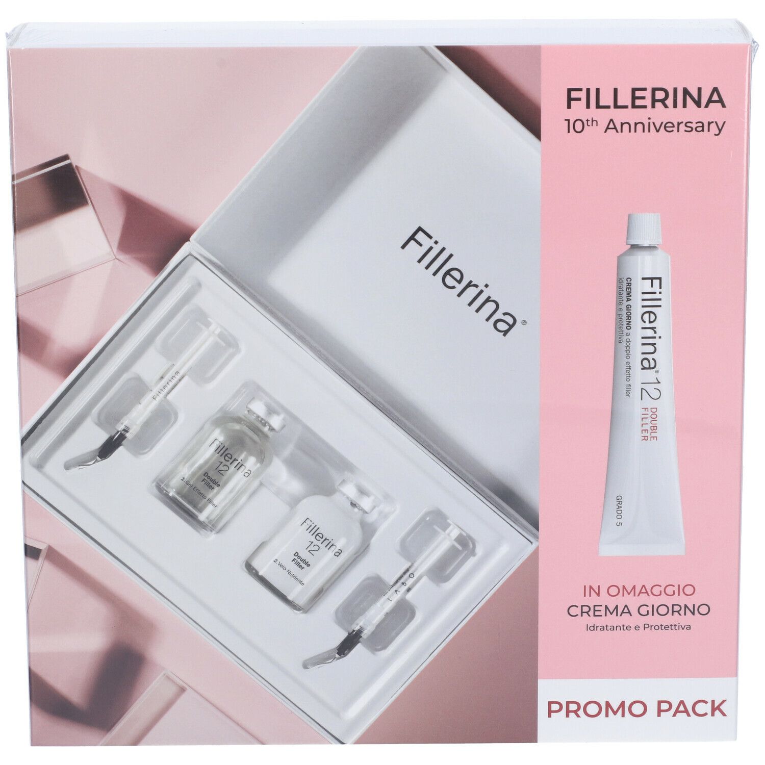 Confezione Fillerina con flaconi, applicatori e crema. Scritte: Fillerina, 10th Anniversary, Promo Pack. Confezione rosa e bianca.