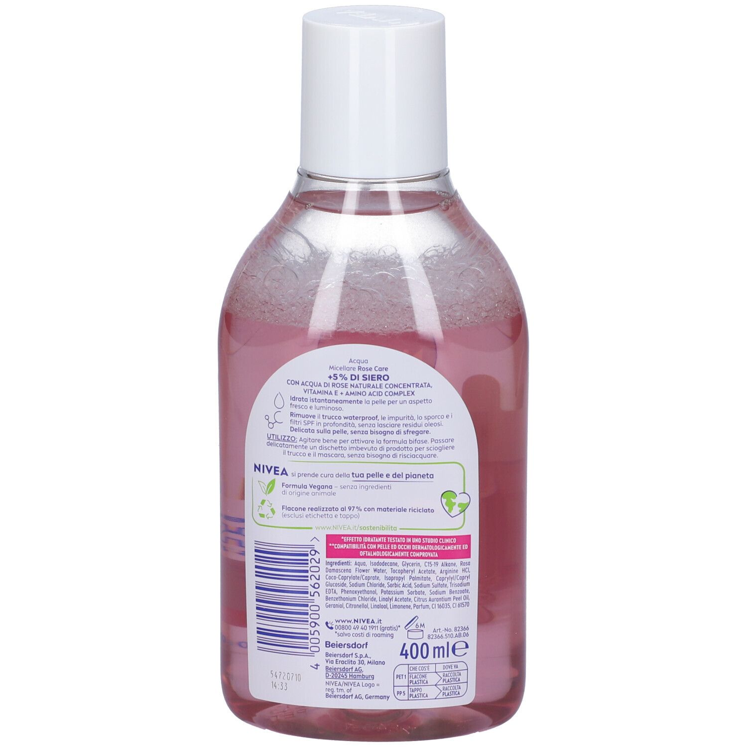 Retro della bottiglia NIVEA Acqua Micellare Rose Care. Liquido rosa. Tappo bianco. Etichetta con ingredienti e informazioni.