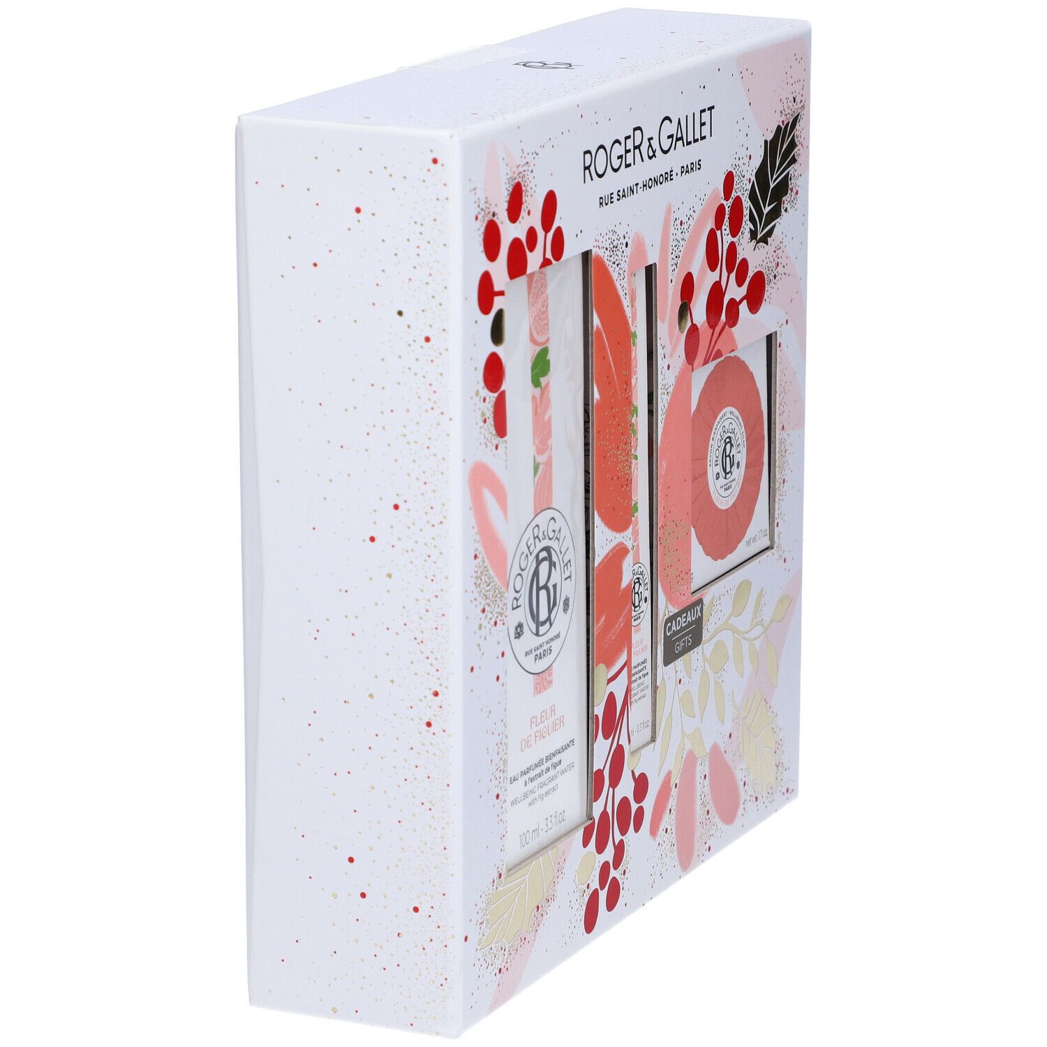 Scatola regalo Roger & Gallet, vista laterale. Bianca con design floreale e dettagli rossi. Contiene diversi prodotti.
