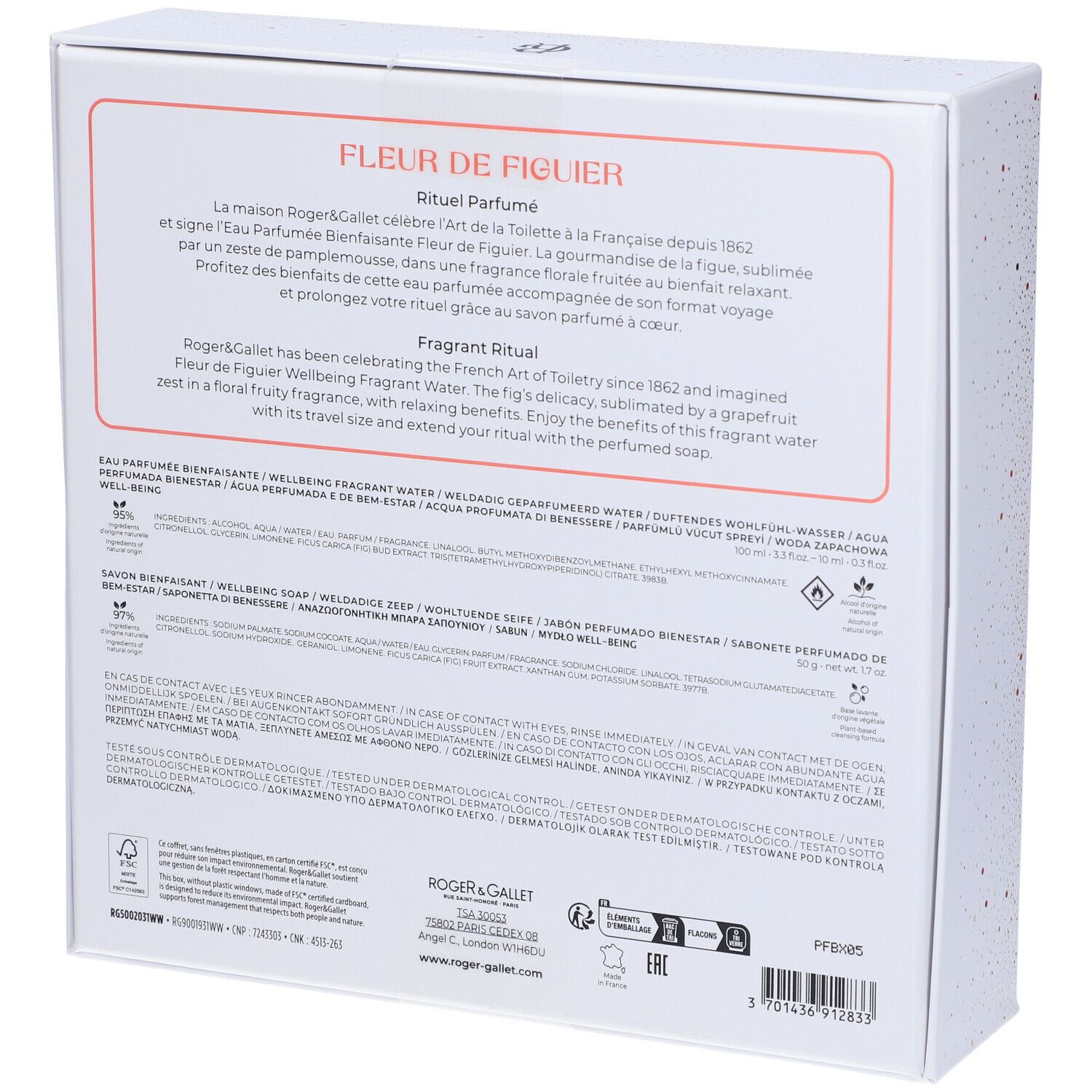 Retro della confezione regalo Roger & Gallet. Testo multilingue. Informazioni sugli ingredienti e il produttore.