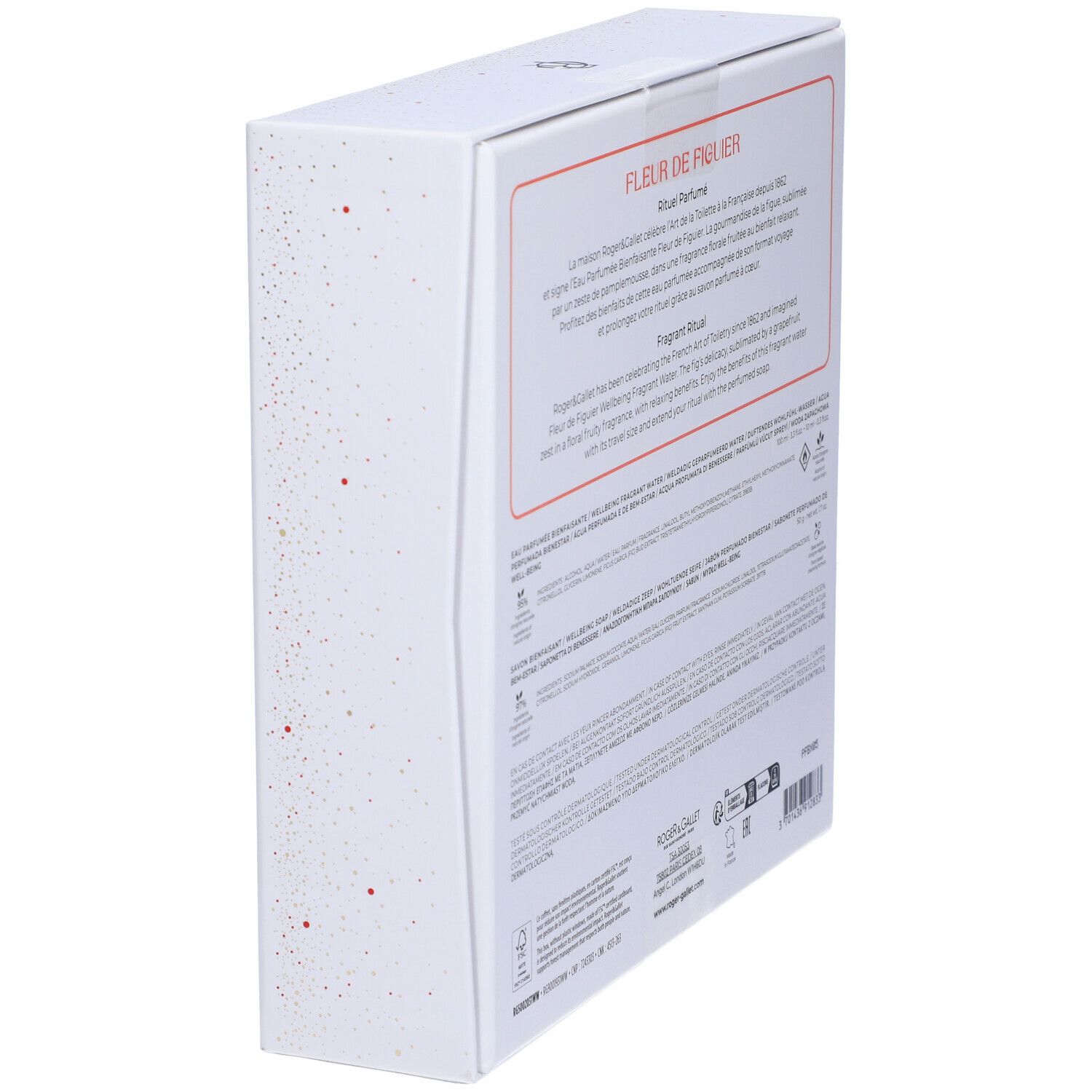 Vista laterale della confezione regalo Roger & Gallet. Bianca con testo e design floreale. Contiene informazioni sul prodotto.