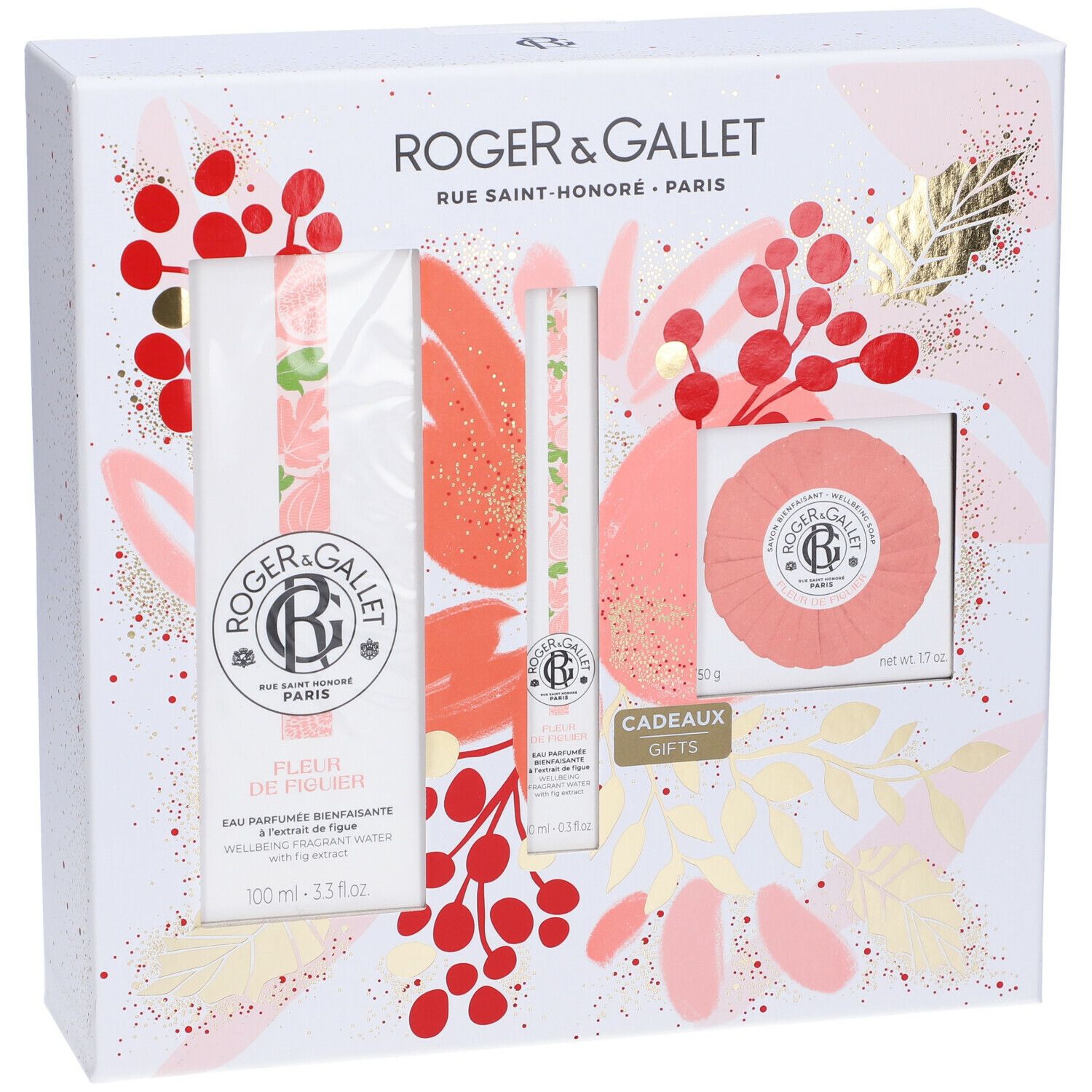 Cofanetto regalo Roger & Gallet. Contiene Eau Parfumée, bastoncini profumati e sapone. Confezione con design floreale.