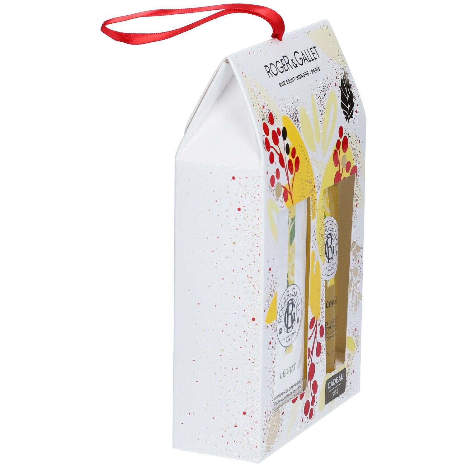 Vista laterale del set regalo. Confezione bianca con motivi floreali e nastro rosso. Logo Cedrat e nomi dei prodotti visibili.