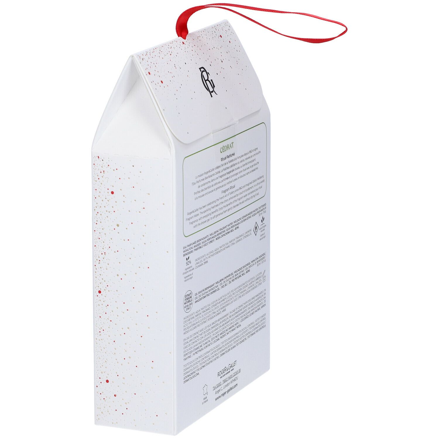 Retro della confezione regalo. Confezione bianca con testo e logo. Informazioni sul prodotto e sul marchio.