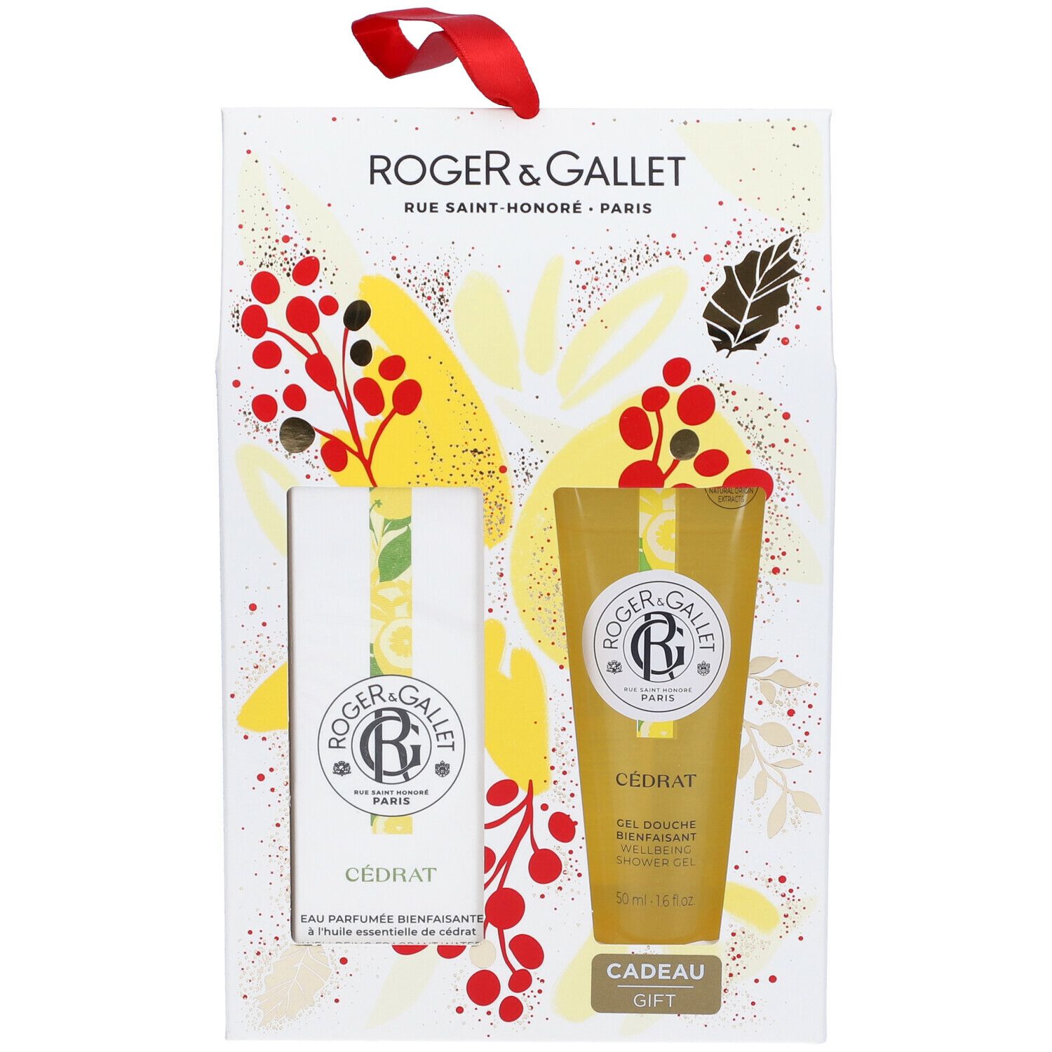 Set regalo con Eau de Toilette e gel doccia. Confezione bianca con motivi floreali e nastro rosso. Logo Cedrat visibile.