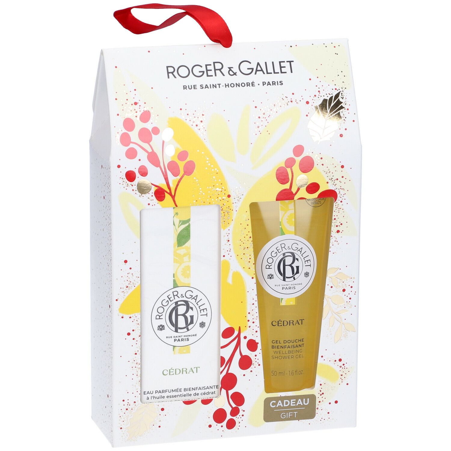 Set regalo con Eau de Toilette e gel doccia. Confezione bianca con motivi floreali e nastro rosso. Logo Cedrat visibile.