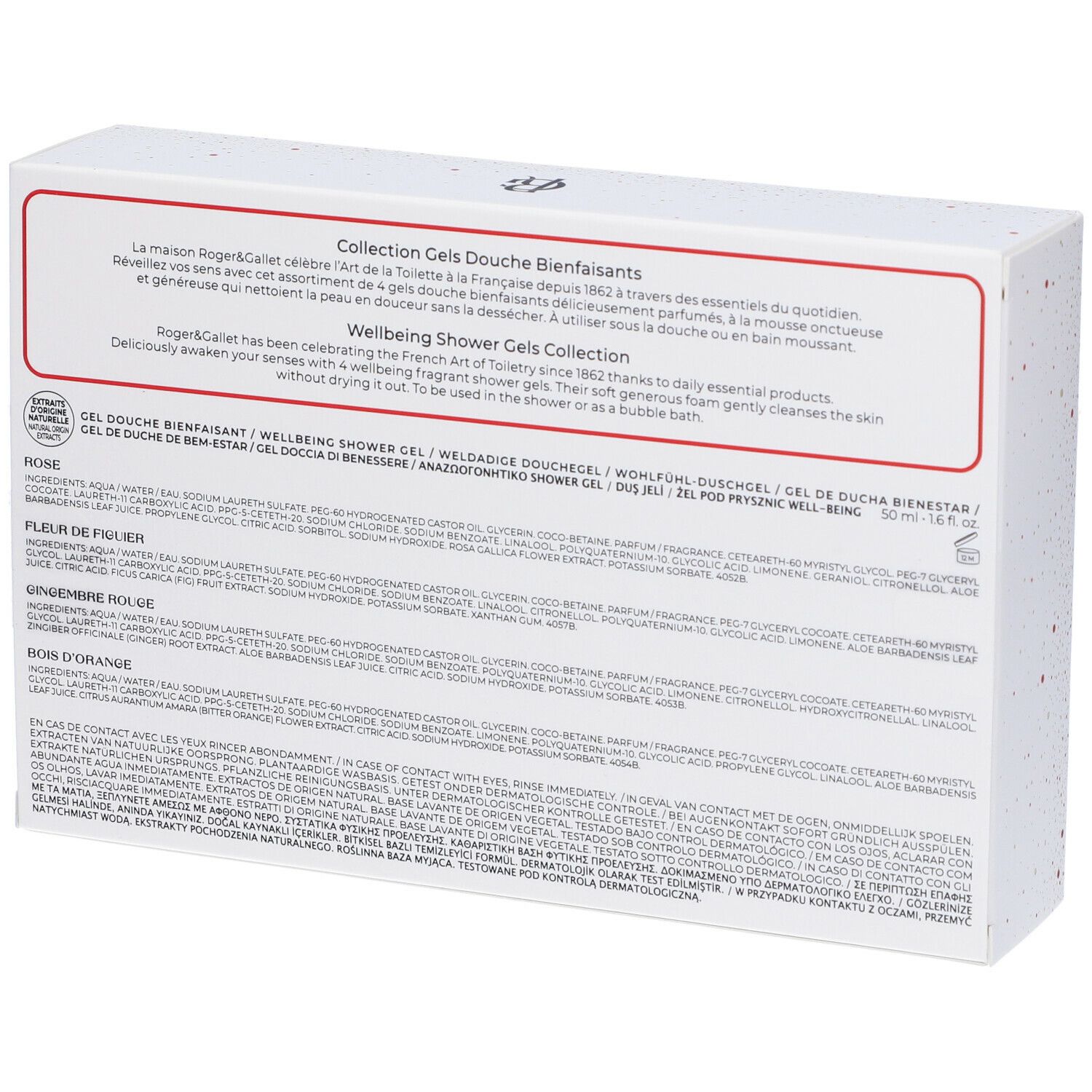 Retro della confezione regalo con informazioni sul prodotto. Testo multilingue. Ingredienti e nome del marchio ROGER&GALLET visibili.