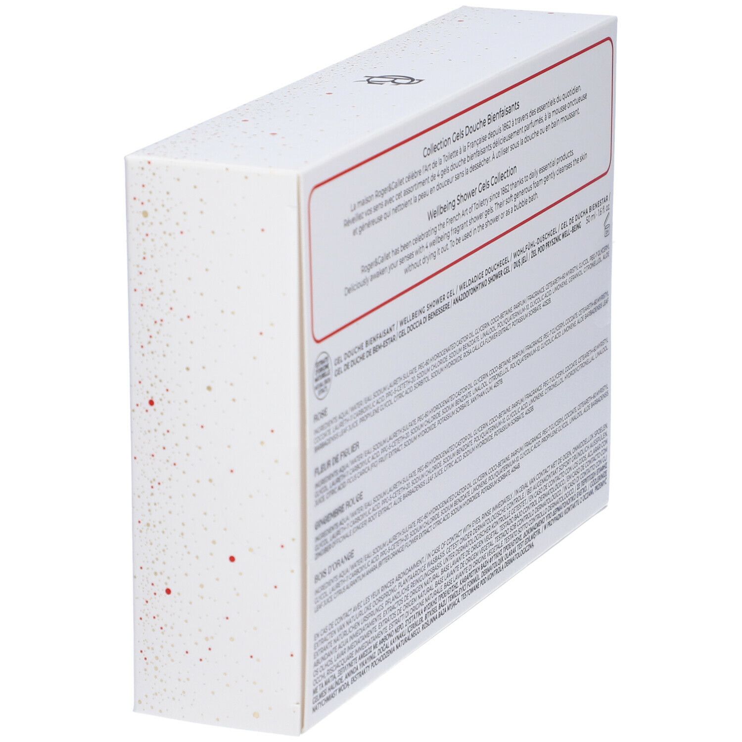 Vista laterale della confezione regalo. Testo e logo ROGER&GALLET visibili. Confezione con decorazioni floreali e informazioni sul prodotto.