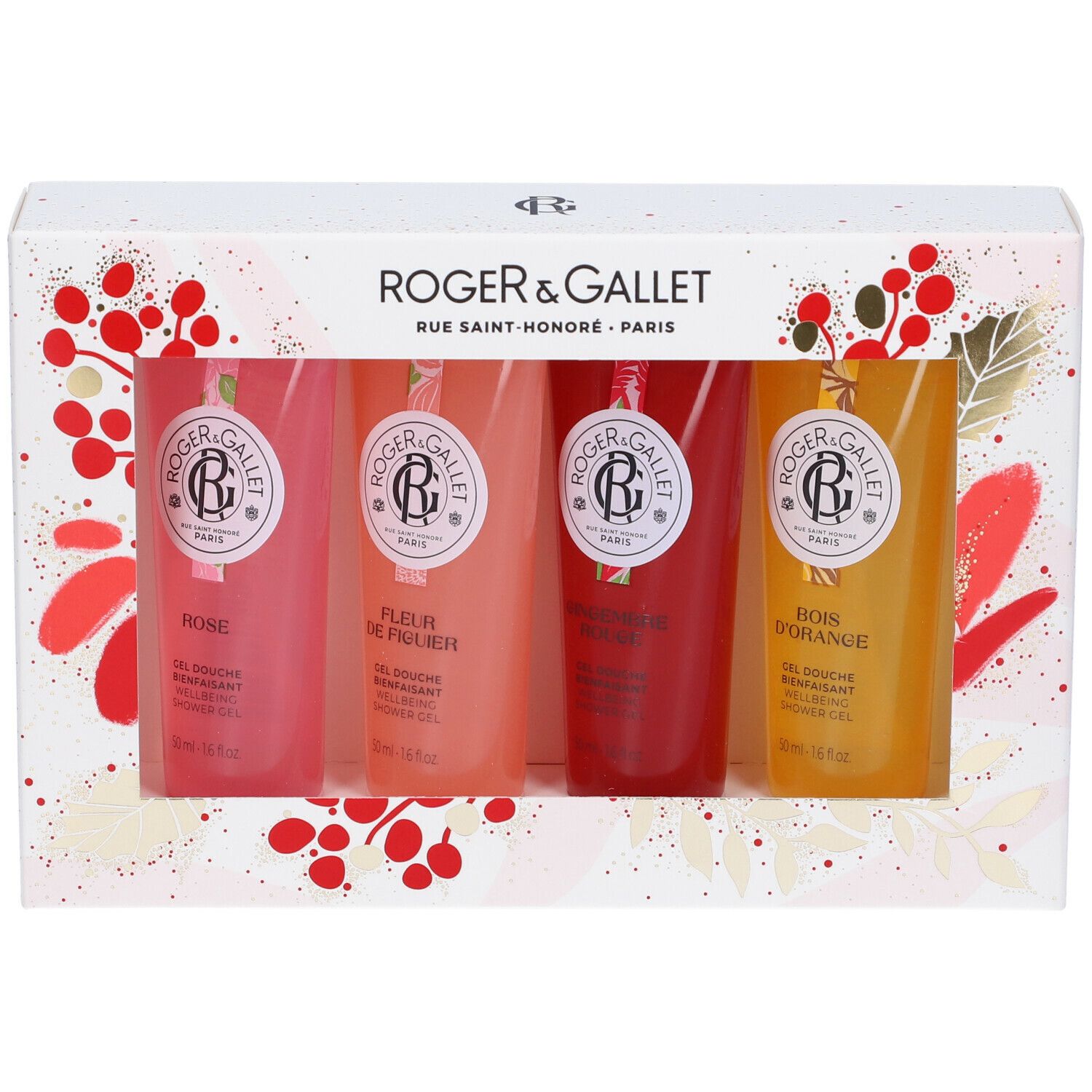 Confezione regalo ROGER&GALLET con quattro gel doccia in flaconi trasparenti. Decorazioni floreali sulla confezione. Logo e testo del marchio visibili.