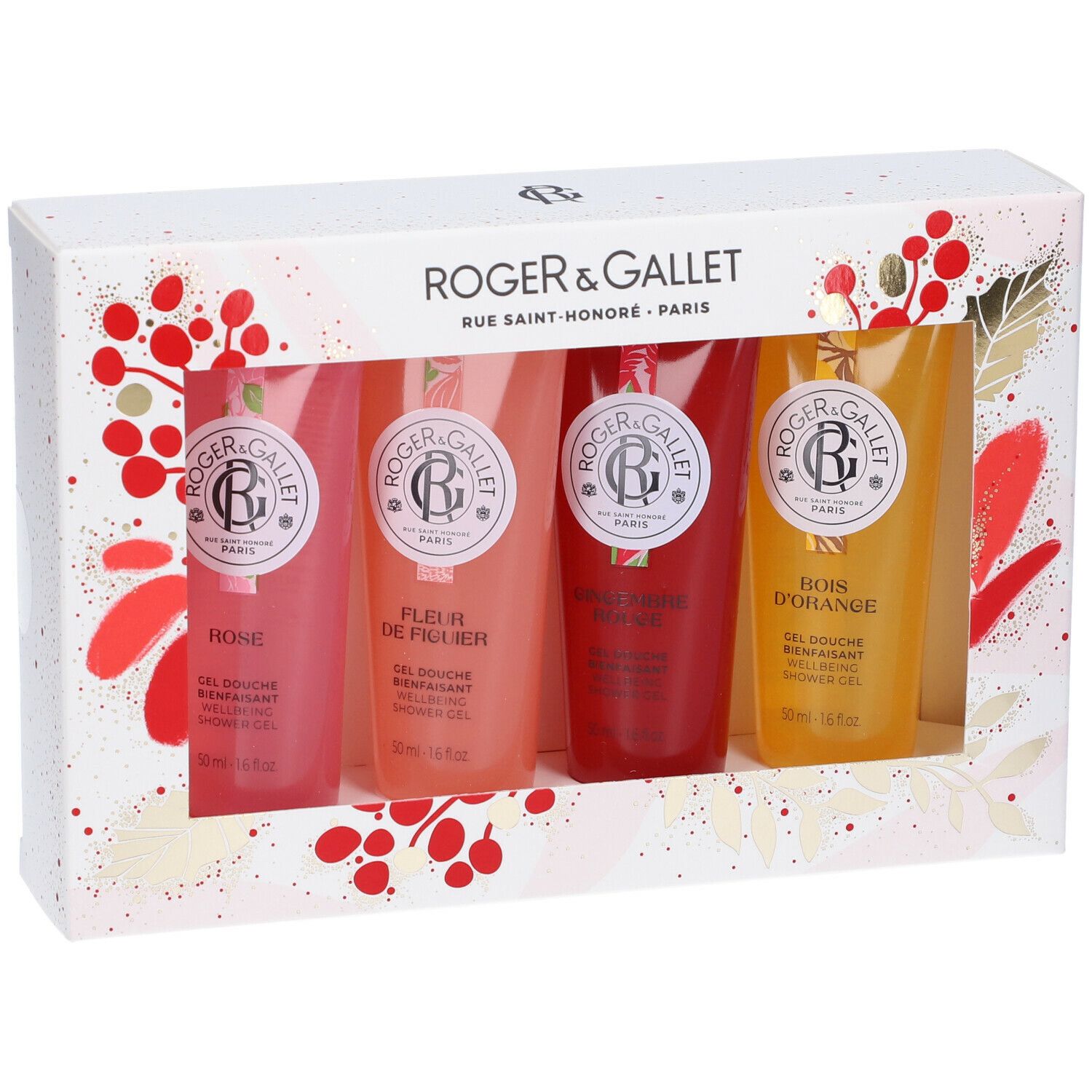 Confezione regalo ROGER&GALLET con quattro gel doccia in flaconi trasparenti. Decorazioni floreali sulla confezione. Logo e testo del marchio visibili.