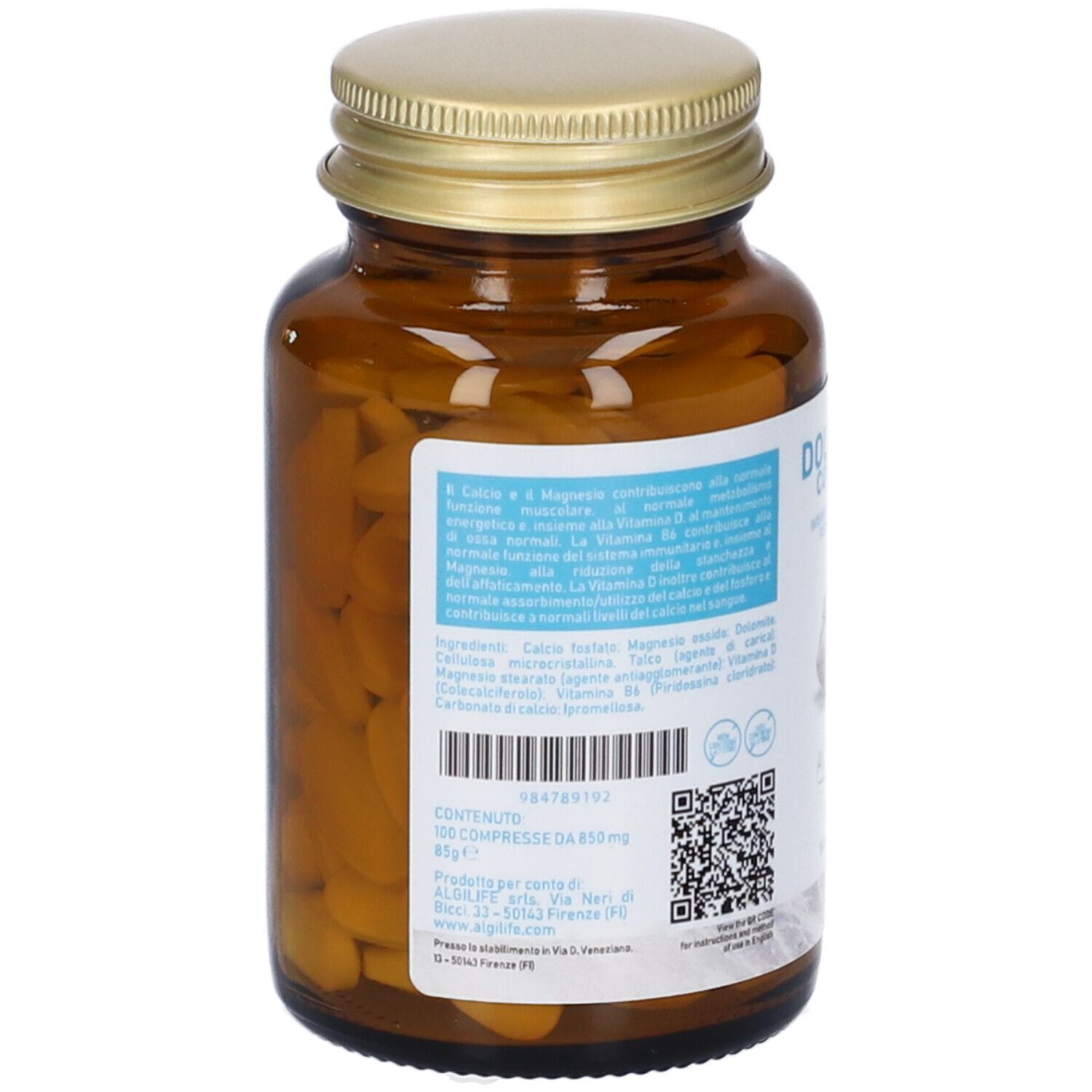 Retro del flacone di vetro marrone. Etichetta con ingredienti e informazioni nutrizionali. Tappo dorato.