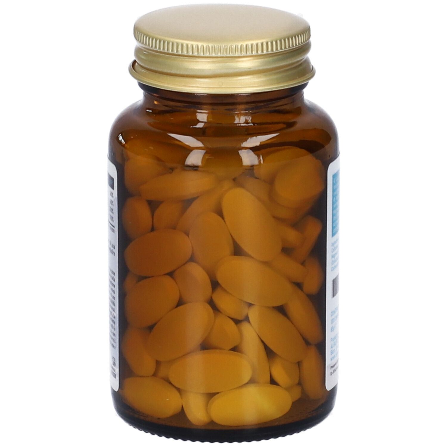 Flacone di vetro marrone con tappo dorato, pieno di compresse ovali. Primo piano.