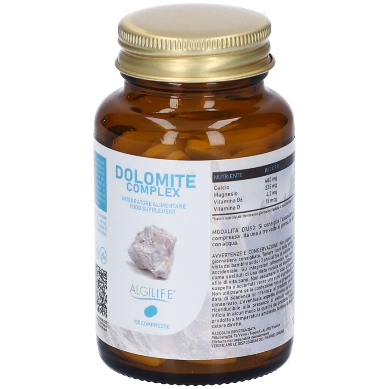 Flacone di vetro marrone con tappo dorato. Etichetta con nome del prodotto e logo. Contiene compresse.