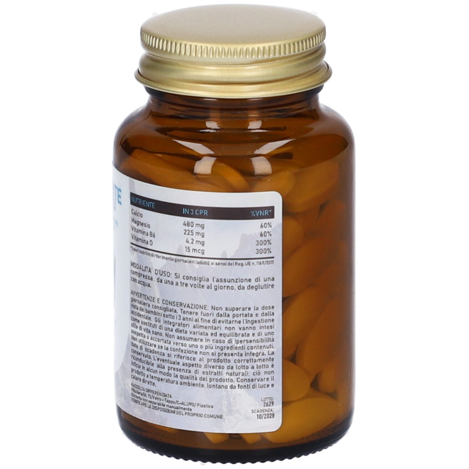 Retro del flacone di vetro marrone. Etichetta con ingredienti e informazioni nutrizionali. Tappo dorato.