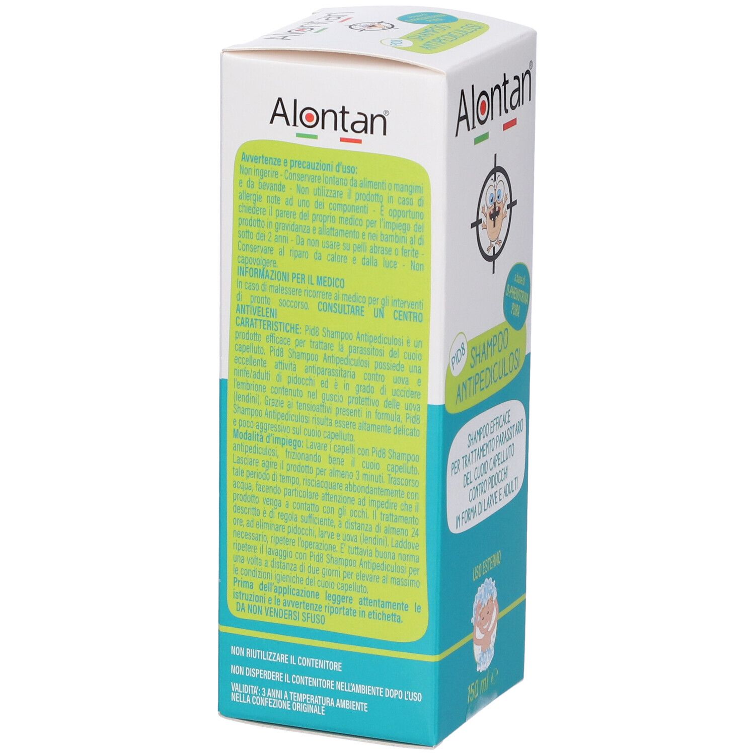 Retro confezione Alontan PID8 Shampoo Antipediculosi. Testo in italiano.