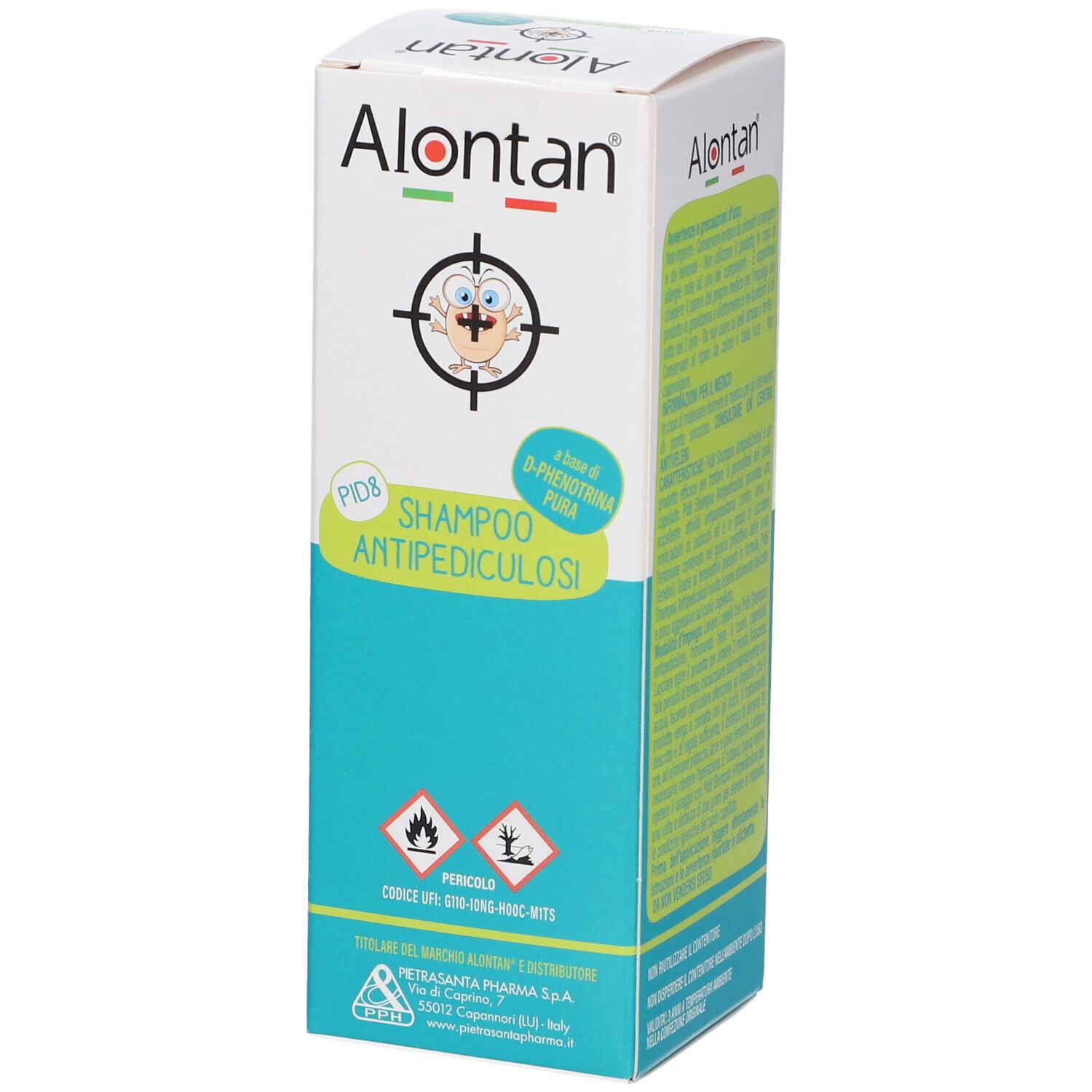Alontan PID8 Shampoo Antipediculosi. Scatola bianca con informazioni e simboli di pericolo.