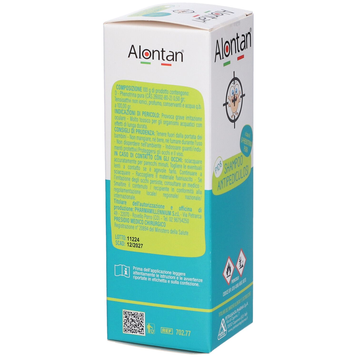 Retro confezione Alontan PID8 Shampoo Antipediculosi. Testo e simboli di pericolo.