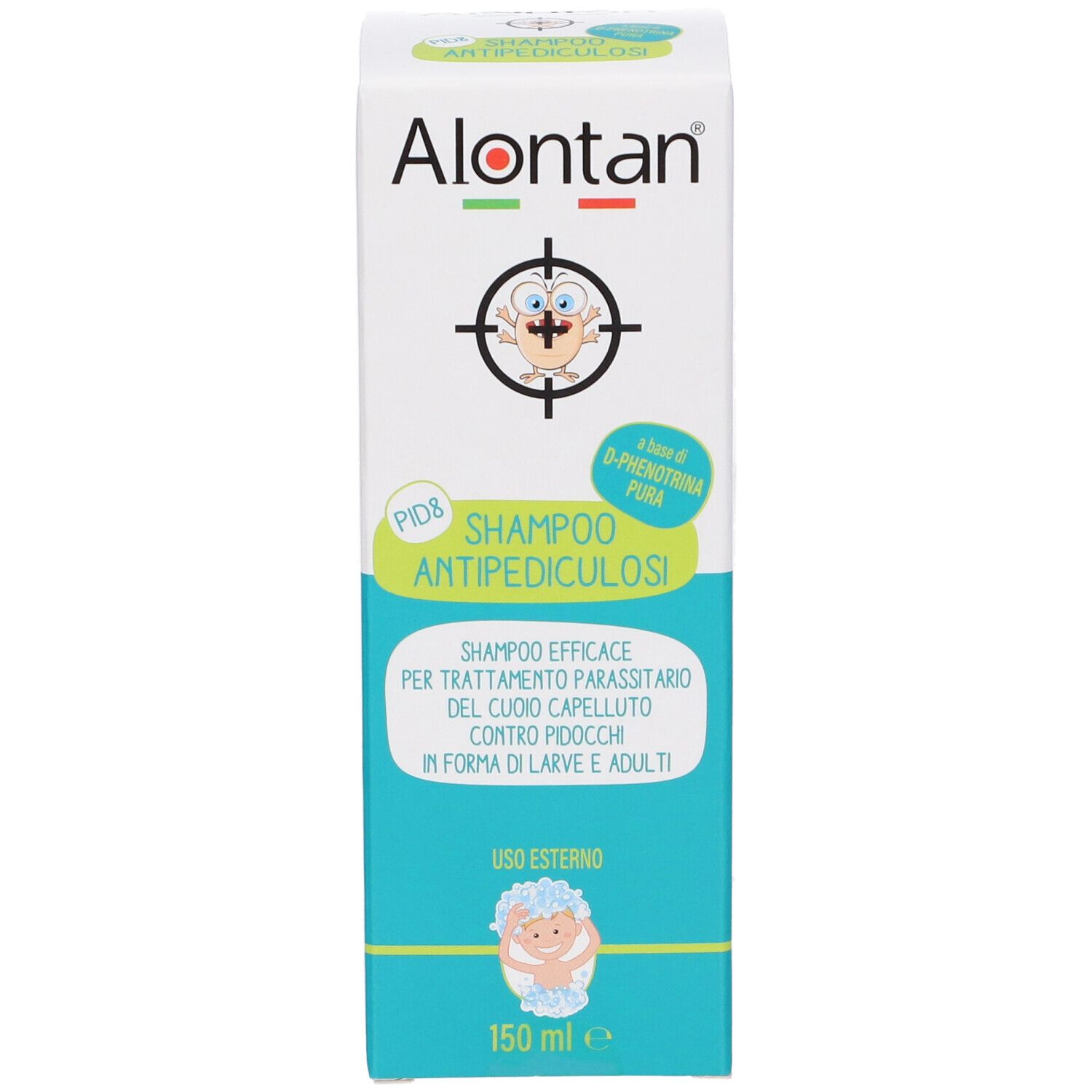 Alontan PID8 Shampoo Antipediculosi. Scatola bianca con informazioni e logo. 150 ml.