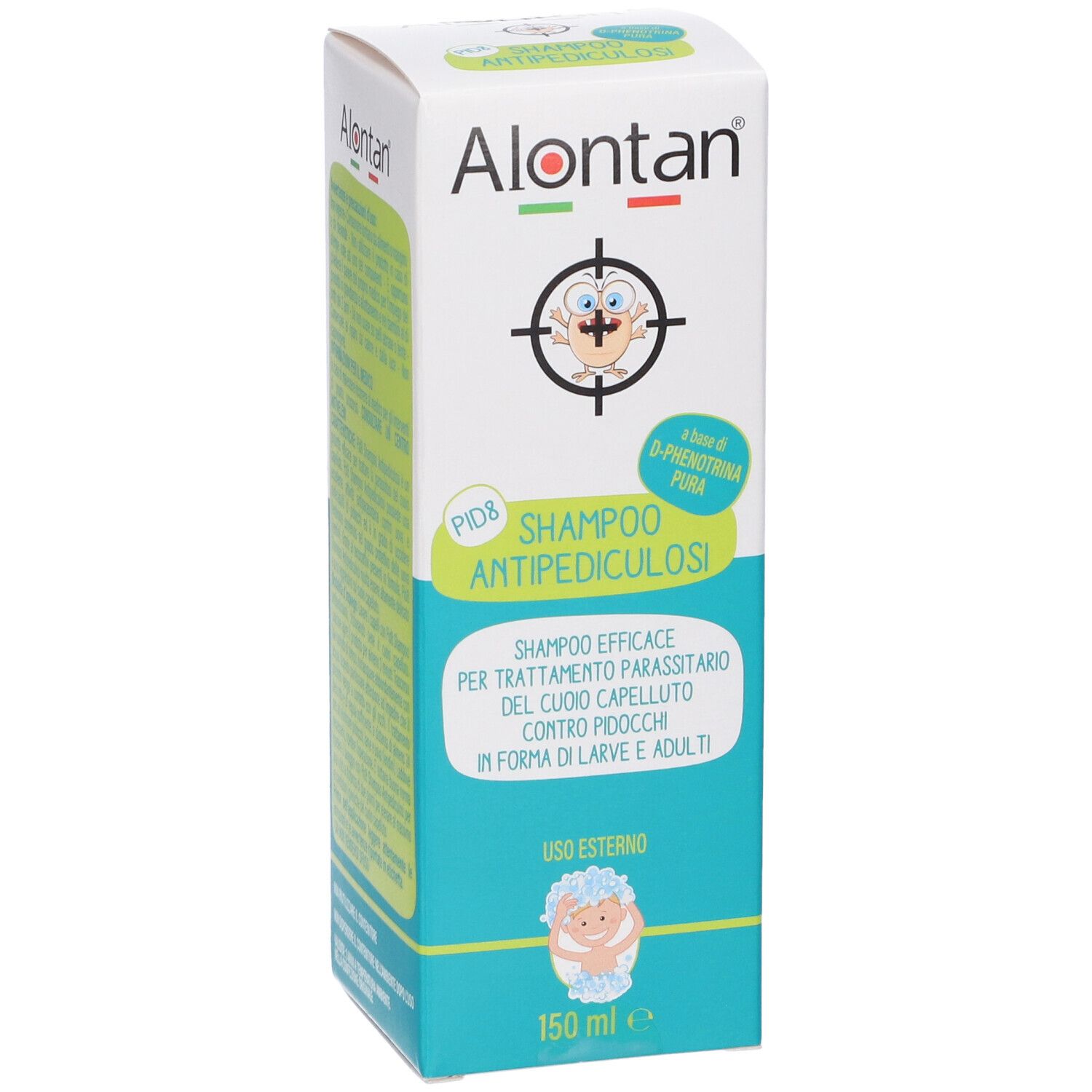 Alontan PID8 Shampoo Antipediculosi. Scatola bianca con informazioni e logo.