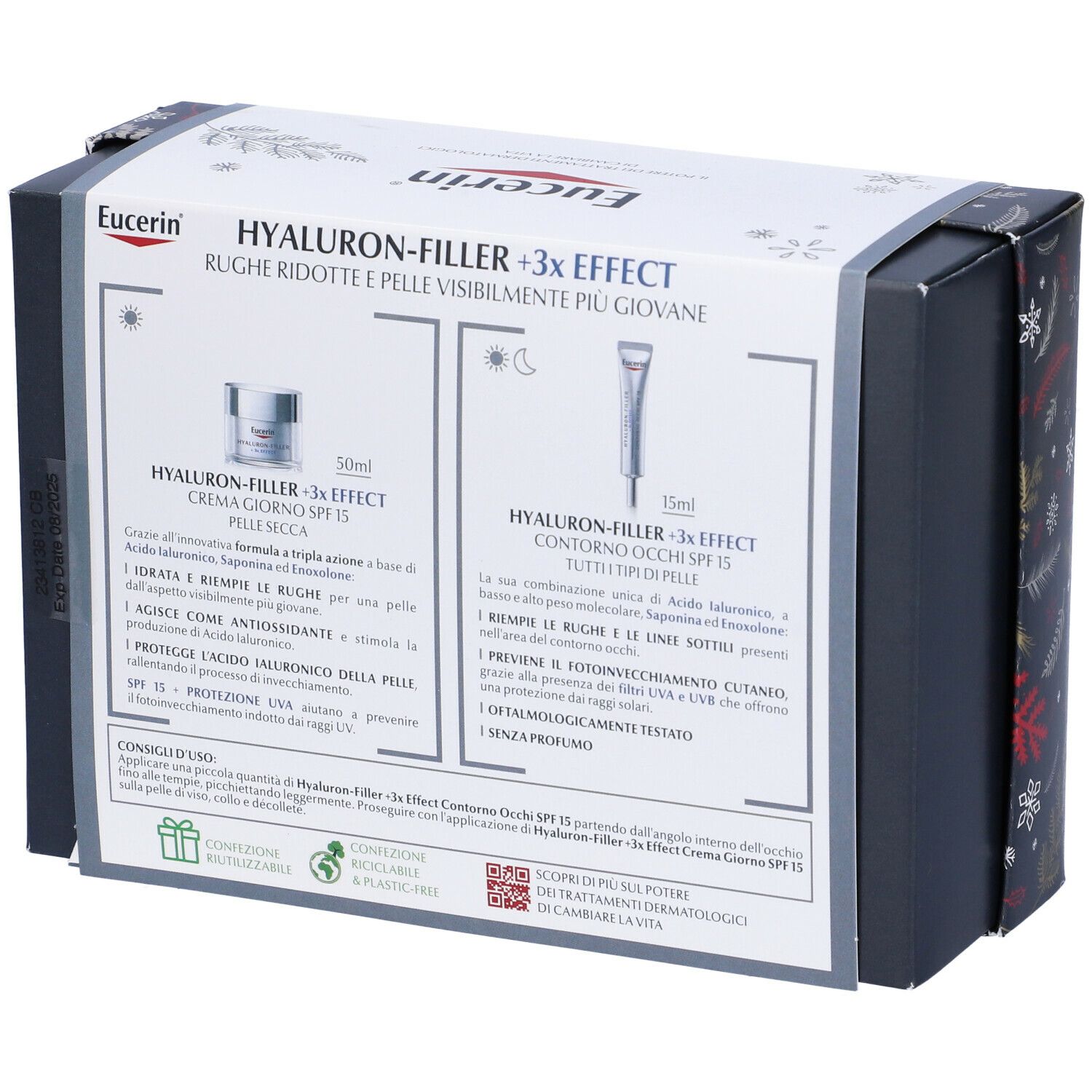 Retro della confezione regalo Eucerin. Informazioni sul prodotto e marchio visibili.