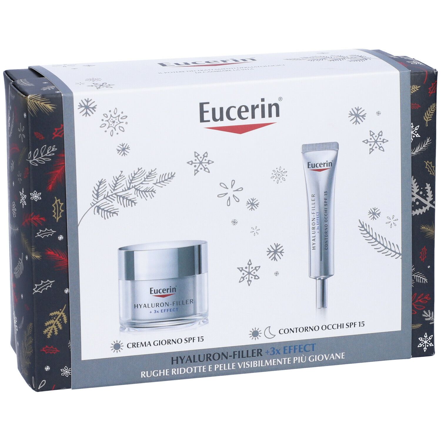 Confezione regalo Eucerin. Contiene crema e contorno occhi. Marchio e nomi dei prodotti visibili.