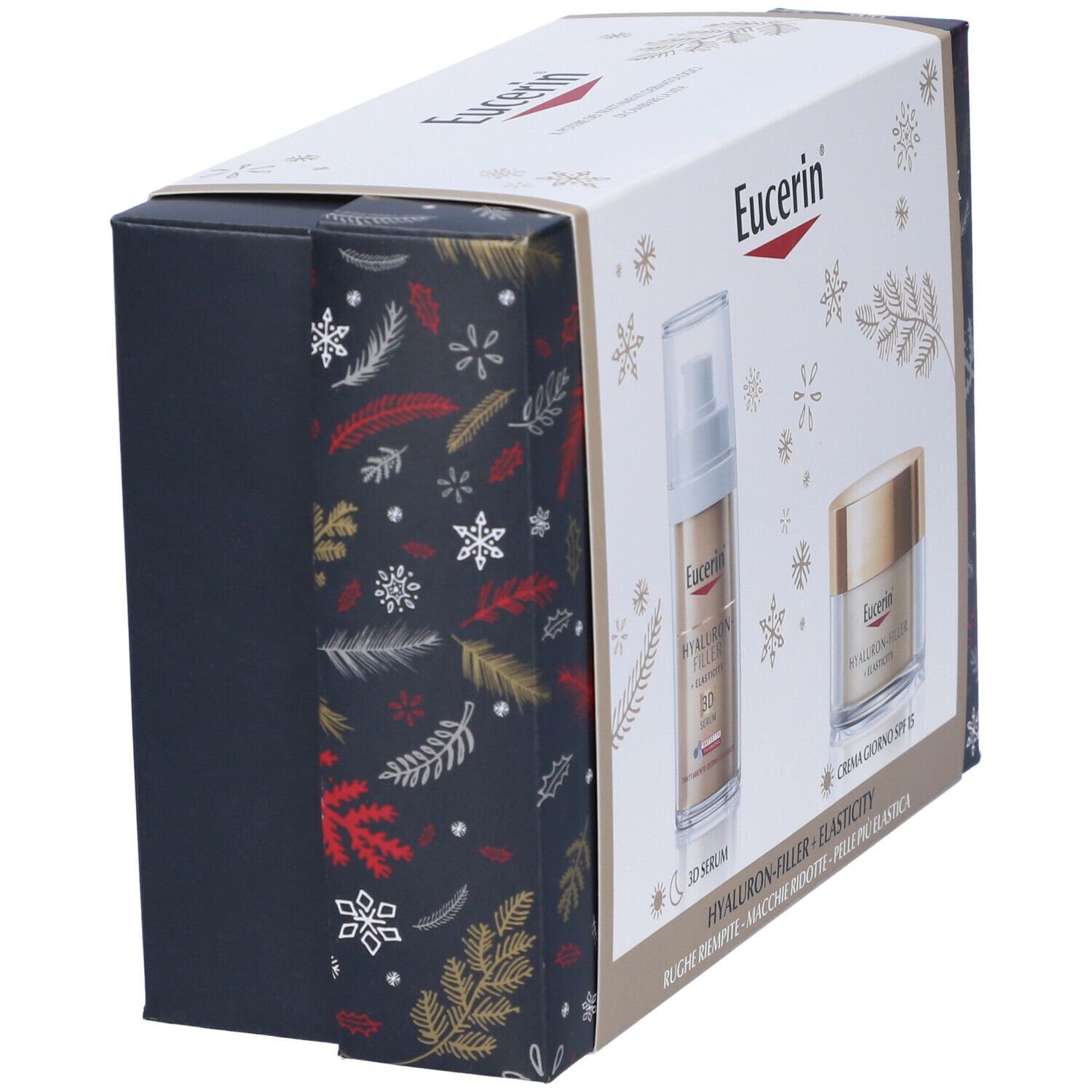 Confezione regalo vista di lato. Contiene prodotti Eucerin. Imballaggio con motivo decorativo.