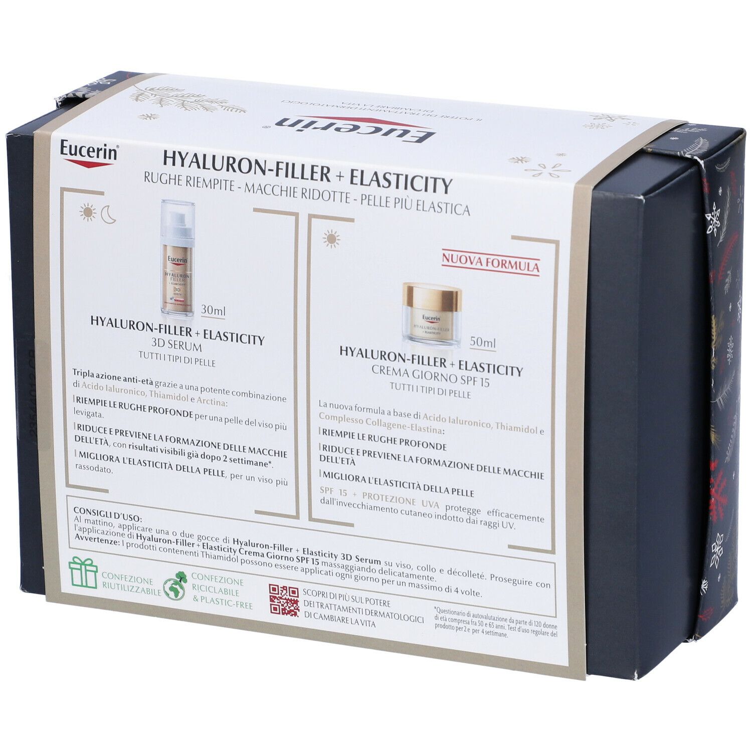 Retro della confezione regalo con informazioni sul prodotto. Prodotti Eucerin, testo multilingue.