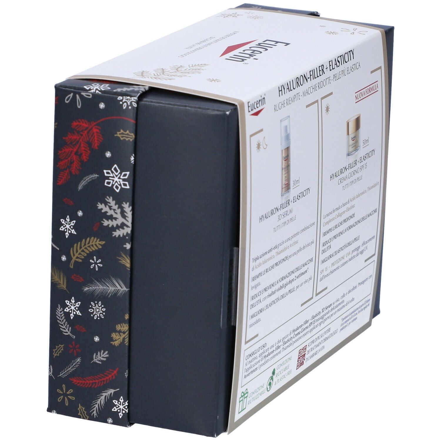 Confezione regalo vista di lato da dietro. Prodotti Eucerin, testo e illustrazioni sull'imballaggio.