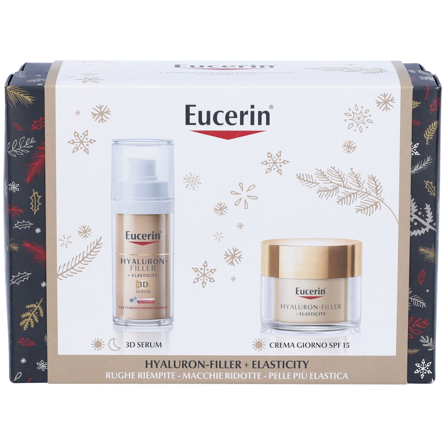 Confezione regalo con prodotti Eucerin. Siero e crema visibili. Marchio e nomi dei prodotti.