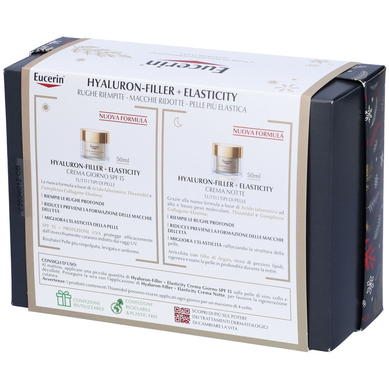 Retro della confezione regalo con informazioni sul prodotto. Logo Eucerin in alto. Testo in italiano. Immagini delle creme.