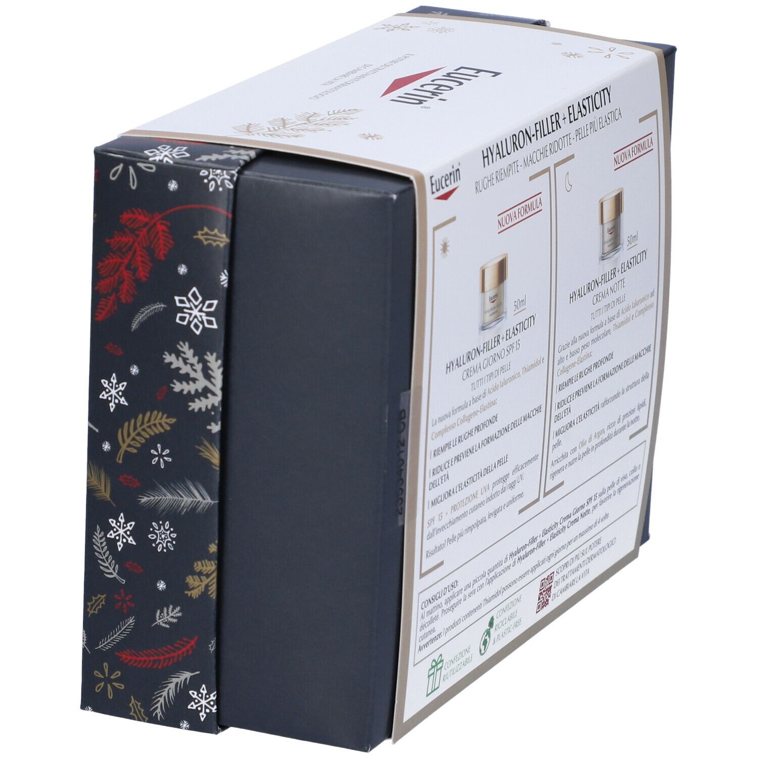 Confezione regalo in diagonale. Logo Eucerin e nomi dei prodotti visibili. Confezione con motivo floreale e fiocchi di neve.