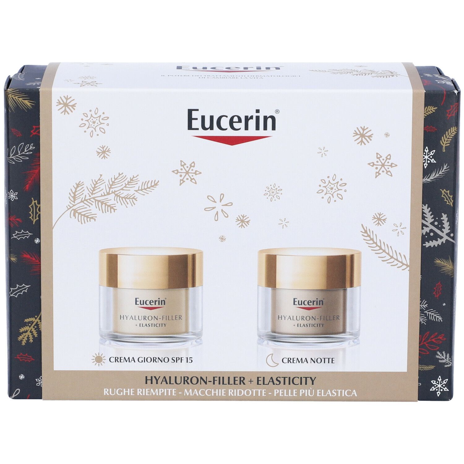 Confezione regalo con due creme. Logo Eucerin in alto. "HYALURON-FILLER + ELASTICITY" e "CREMA GIORNO SPF 15" e "CREMA NOTTE" sotto.